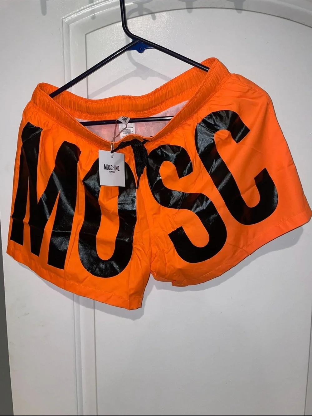 New! Moschino Neon Orange Logo Swim Shorts Oversized Graphic Beach Trunks🧡 M NWT